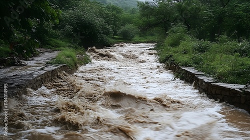 A dry riverbed transformed into a rushing torrent of muddy water, surging with force after a heavy downpour, with debris swirling in the water  photo