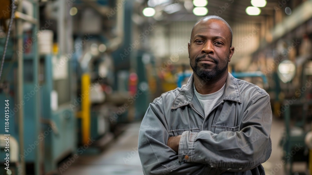 A man in work overalls against the background of a production hall. The image will be useful in the context of industrial production, engineering and technical professions. A man in work overalls against the background of a production hall. The image will be useful in the context of industrial production, engineering and technical professions.