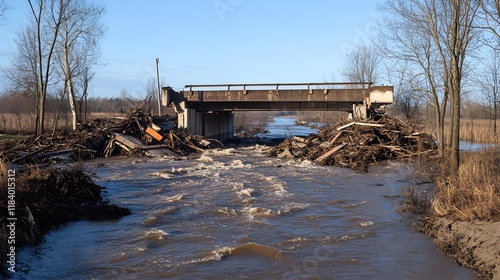 A large bridge partially collapsed, with floodwaters rushing underneath and debris piling up on either side, highlighting the destructive force of a flood 