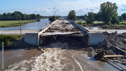A large bridge partially collapsed, with floodwaters rushing underneath and debris piling up on either side, highlighting the destructive force of a flood 