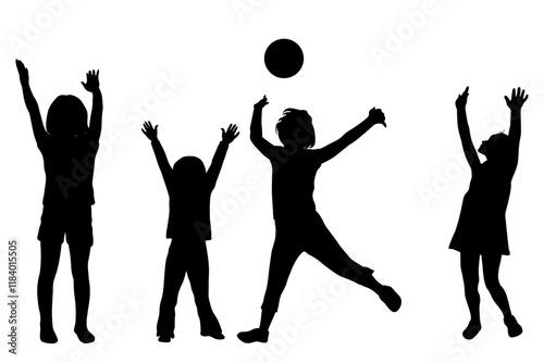 Children silhouettes. Little boys and girl playing with a ball. Vector illustration.	
