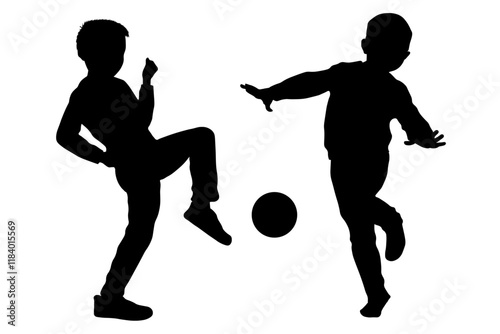 Children silhouettes. Little boys playing football. Vector illustration.	
