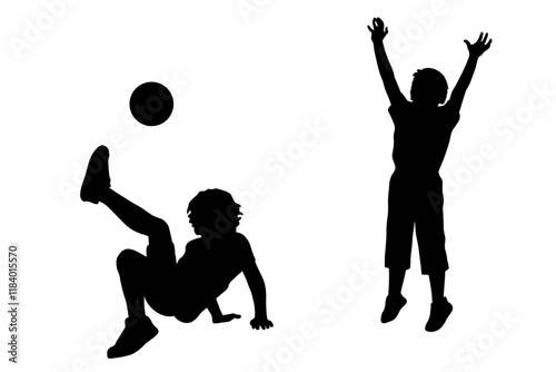 Children silhouettes. Little boys playing football. Vector illustration.	

