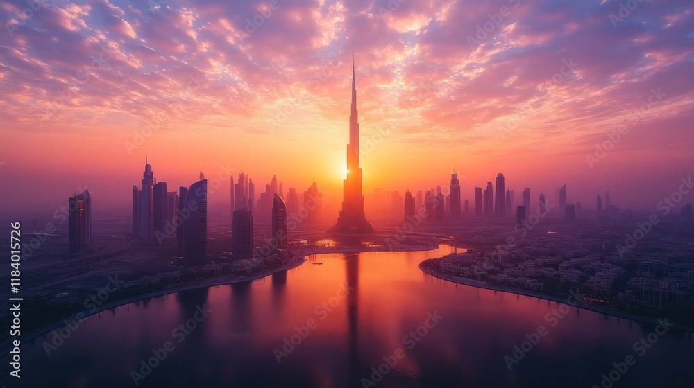 Fototapeta premium Sunrise cityscape, Dubai, aerial view, hazy skyline, tourism
