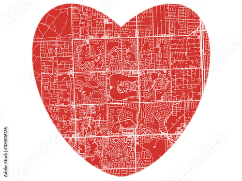 Heart-Shaped Map of Kendale Lakes  Florida, USA in Bold Red and White Design. photo