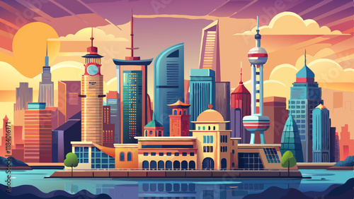 Photography Shanghai The Bund historical old colonial buildings, Shanghai city skyline and skyscraper, sunrise on The Bund, China