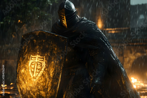 A lone knight stands firm against a torrential downpour, his glowing shield a beacon of defiance amidst the fiery chaos of a raging battle.  The rain- photo