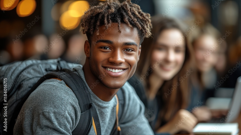 Smiling student cafe backpack friends studying Smiling student cafe backpack friends studying