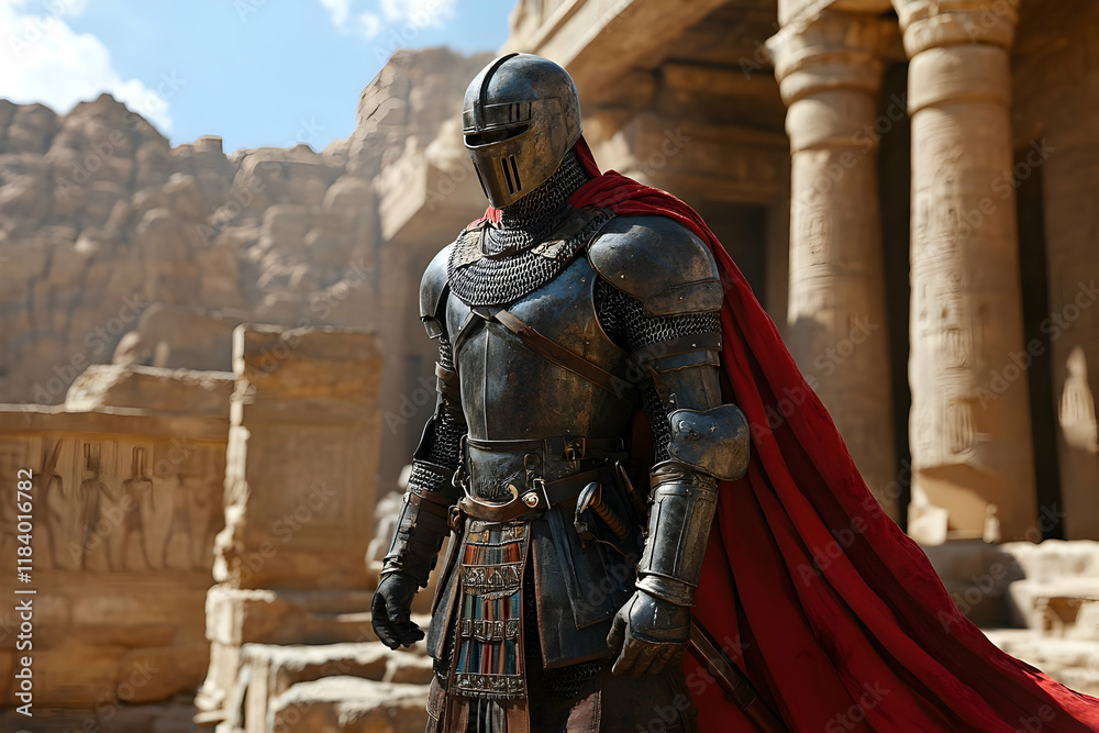 A Medieval Knight in Full Armor Stands Before Ancient Ruins in a Desert Setting A Medieval Knight in Full Armor Stands Before Ancient Ruins in a Desert Setting