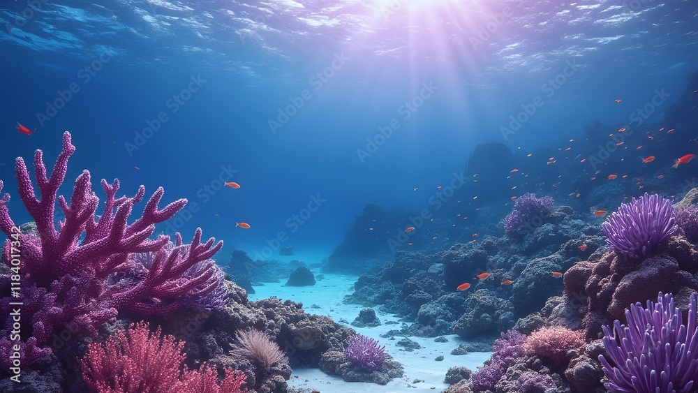 Fototapeta premium Vibrant Purple Underwater Scene, Coral Reef Conservation and Ocean Life Preservation