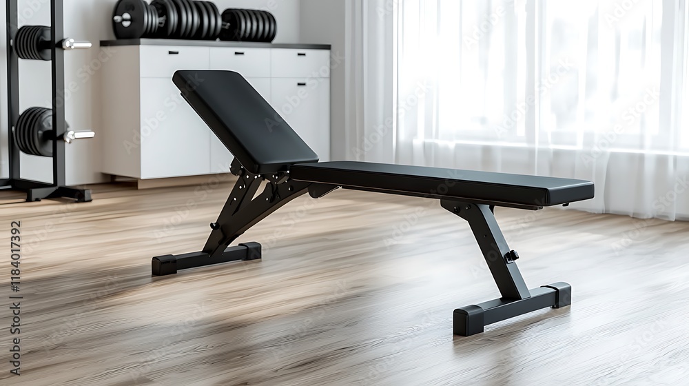 Fototapeta premium A black bench is in a gym with a white wall