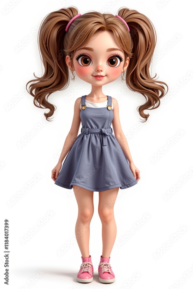 Adorable Cartoon Girl with Pigtails Grey Dress and Pink Shoes Adorable Cartoon Girl with Pigtails Grey Dress and Pink Shoes