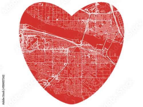 Heart-Shaped Map of Kennewick Washington, USA in Bold Red and White Design. photo