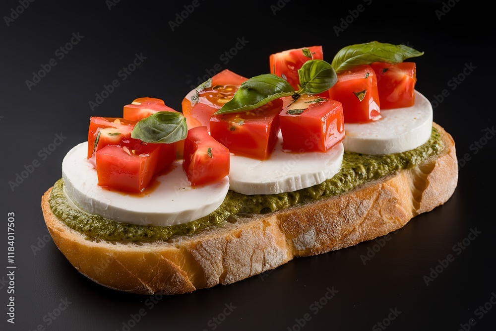 slice of bread with pesto sauce, mozzarella, and diced tomato slice of bread with pesto sauce, mozzarella, and diced tomato