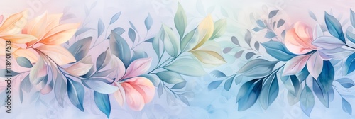 A soft and elegant floral design featuring pastel leaves and petals, ideal for backgrounds, invitations, or greeting cards, evoking a serene and romantic atmosphere,