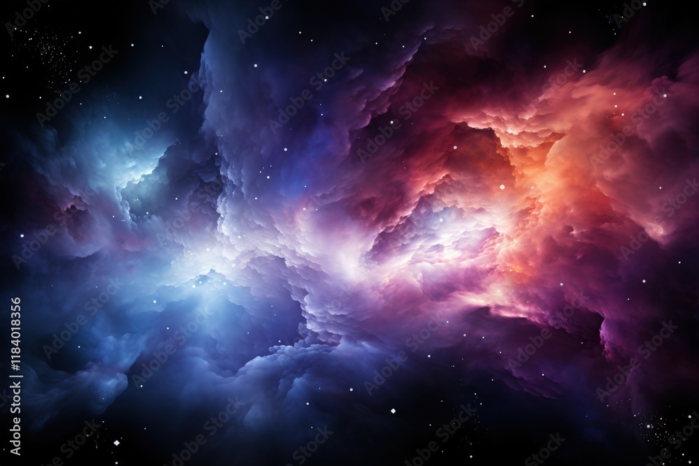 Naklejka premium Stunning Cosmic Nebula with Harmonious Patterns in Deep Space Featuring Vibrant Shades of Blue, Purple, and Orange for Digital Backgrounds or Artwork