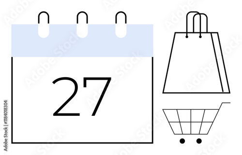 Shopping bag, cart, and calendar with date 27 emphasizing a significant shopping day. Ideal for e-commerce, retail marketing, seasonal sales, event planning, holiday promotions, consumer behavior