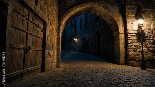 Cobblestone street at night under a historic archway with lanterns lighting the path