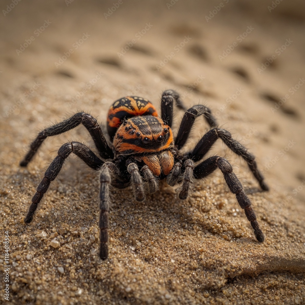 A vibrant tarantula resting on a piece of driftwood, surrounded by smooth, wet sand. A vibrant tarantula resting on a piece of driftwood, surrounded by smooth, wet sand.