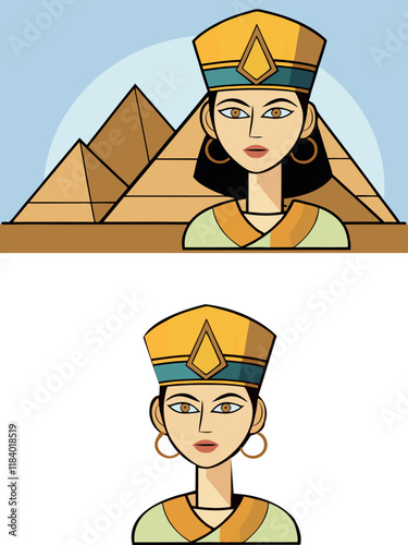 Egyptian queen wearing traditional clothes with pyramids in background