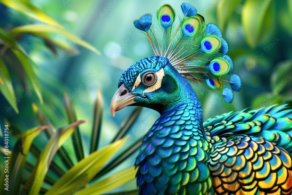 Colorful peacock elegantly perched among lush greenery, showcasing its vibrant plumage, Ideal for nature-themed projects, wildlife photography, and educational materials, Colorful peacock elegantly perched among lush greenery, showcasing its vibrant plumage, Ideal for nature-themed projects, wildlife photography, and educational materials,