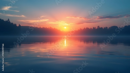 Serene Sunset Lake Reflection, Minimalist Landscape with Long Blue Shadows
