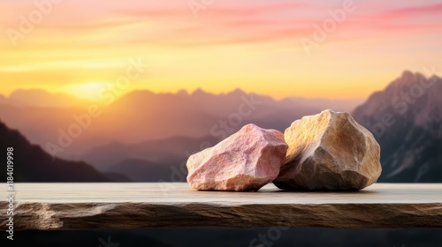 Two distinct rocks rest on a wooden surface, illuminated by a glorious sunset in the background that enriches the scene with warm, inviting colors and depth. photo