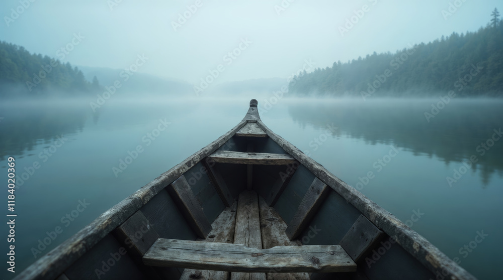 Obraz premium Old wooden boat on a quiet lake