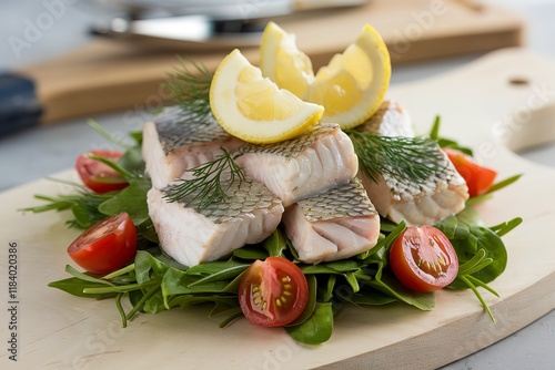 A culinary shot of chunks of pike perch on a green salad photo