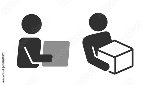 Delivery man order, courier person icon silhouette vector pictogram graphic illustration set, simple minimal 3d flat shipper postman holding parcel package post box, door to door shipping logo image  