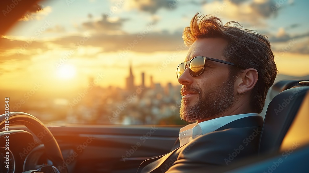 Naklejka premium On a bright and sunny morning, wide-angle view captures confident and successful businessman, with a panoramic view of city in background, as he sits in his sleek car, professionalism, hd image