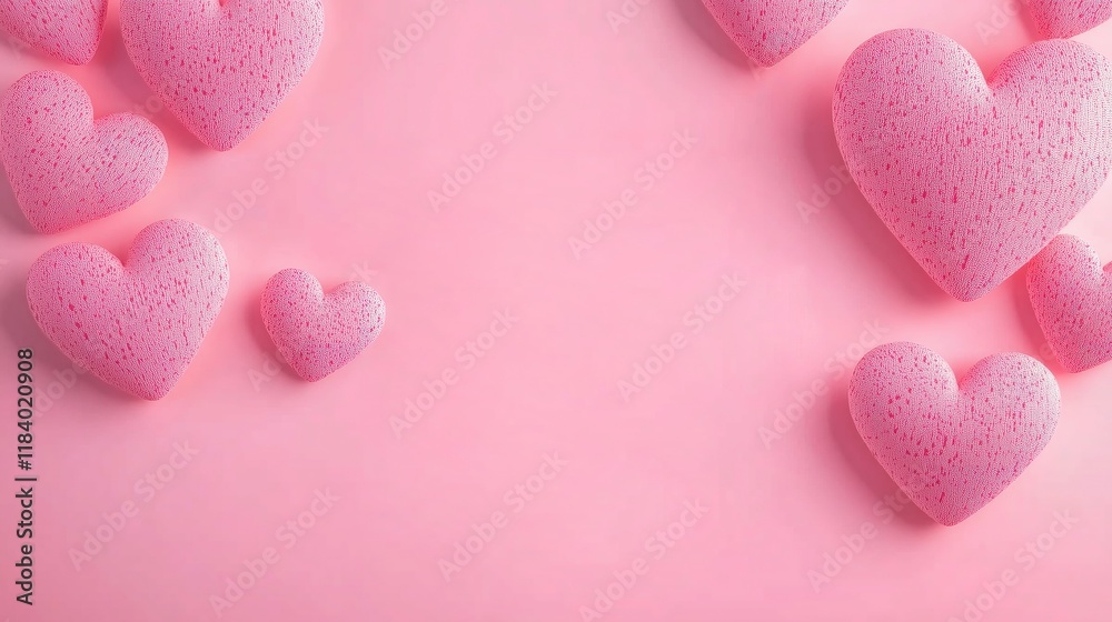 Fototapeta premium Pink Background with Hearts and Heart-Shaped Border, Copy Space for Text or Logo, Flat Layout for Valentine's Day