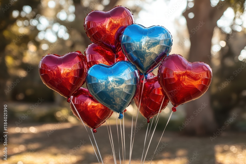 Obraz premium A whimsical arrangement of heart balloons in a park