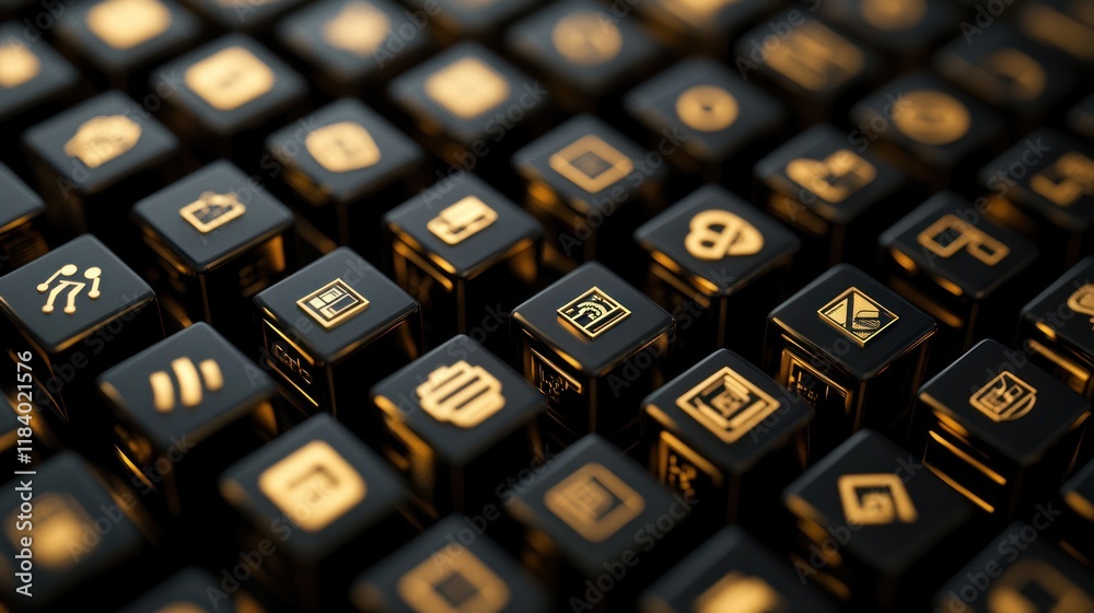 Golden app icons on black cubes, digital background, software interface