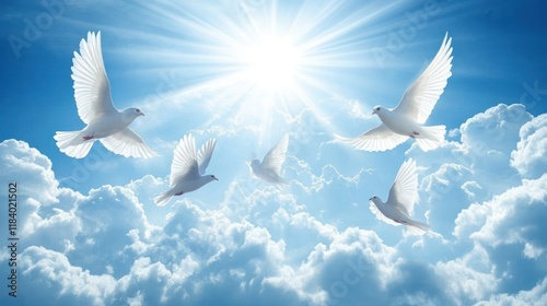Heavenly doves soaring, sunburst, clouds, peace, hope, faith, spiritual, religious, background, design