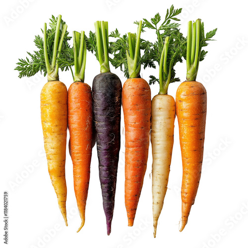 A Vibrant Collection of Fresh Carrots in Various Colors Isolated on a White Background for Culinary and Nutritional Displays and Artwork - PNG