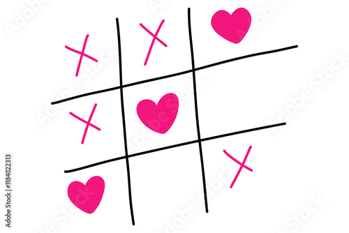 Tic tac toe with heart and cross doodle. You Won my heart. Hand drawn sketch Valentines Day tic tac toe game. X-O love game. Win in tictactoe. Vector doodle illustration isolated on white background.