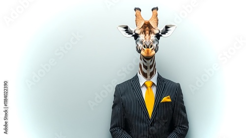 Regal giraffe dressed in black-and-white pinstripe suit with a bright yellow tie and pocket square