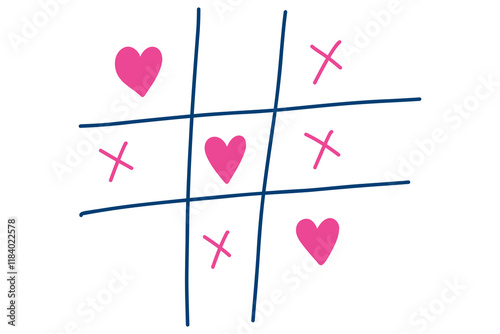 Tic tac toe with heart and cross doodle. Won your heart. Hand drawn sketch Valentines Day tic tac toe game. X-O love game. Win in tictactoe. Vector doodle illustration isolated on white background.