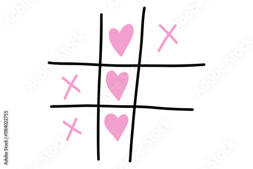 Tic tac toe with heart and cross doodle. Won your heart. Hand drawn sketch Valentines Day tic tac toe game. X-O love game. Win in tictactoe. Vector doodle illustration isolated on white background.