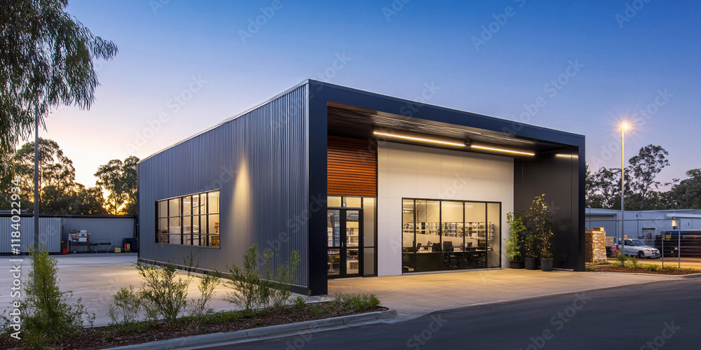 Modern commercial building with sleek design at dusk Modern commercial building with sleek design at dusk