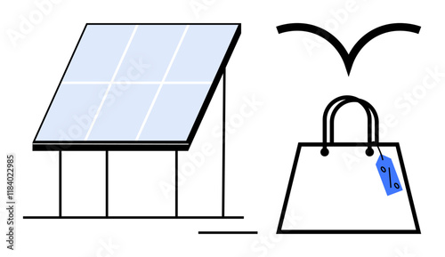 Solar panel harnesses sunlight, shopping bag with tags for retail, seagull symbolizes freedom. Ideal for green energy, eco-friendly lifestyle, shopping, sustainability, nature, freedom innovation