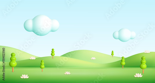 3d spring landscape. . Cartoon summer background with green hills, tree, grass mountain, clouds in sky. Park scene. Childish vector illustration