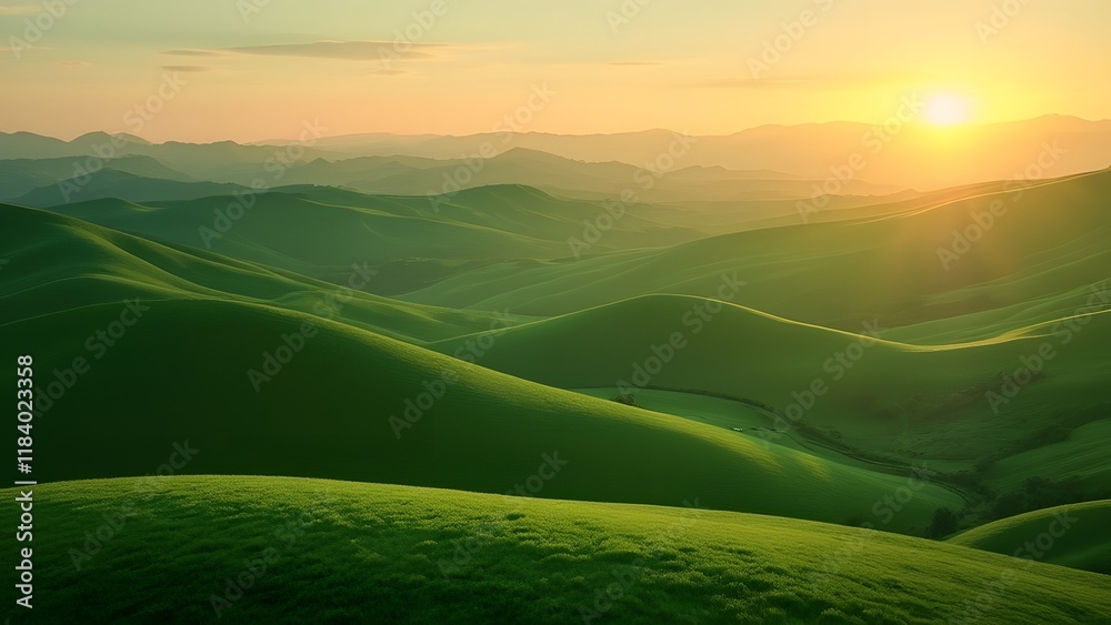 Obraz premium Serene Sunset Landscape, Rolling Green Hills at Golden Hour