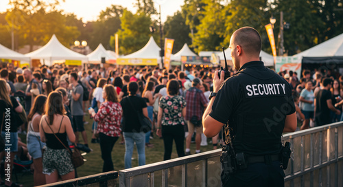 Security, crowd and party in concert, event or festival with guard for control. Safety, people and public with celebration at outdoor, music and evening for protection photo