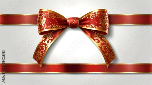 A luxurious red ribbon bow with gold accents is perfectly arranged against a soft background, symbolizing elegance and celebration for gifts and special occasions. photo