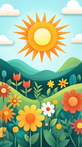 Blooming Garden in Sunlight & Breeze: Flat Design Illustration