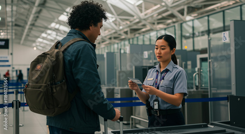 Security, man and check in airport with asian agent for travel or process. Passport, safety and person with identity and control at terminal for luggage or trip