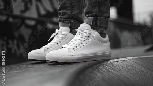 Sneakers on a skate ramp, capturing an active, youthful street style 