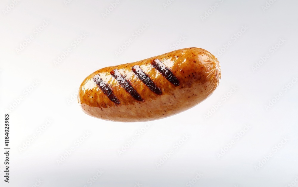 A single sausage floating mid-air on a bright white background, perfectly cooked with grill marks A single sausage floating mid-air on a bright white background, perfectly cooked with grill marks